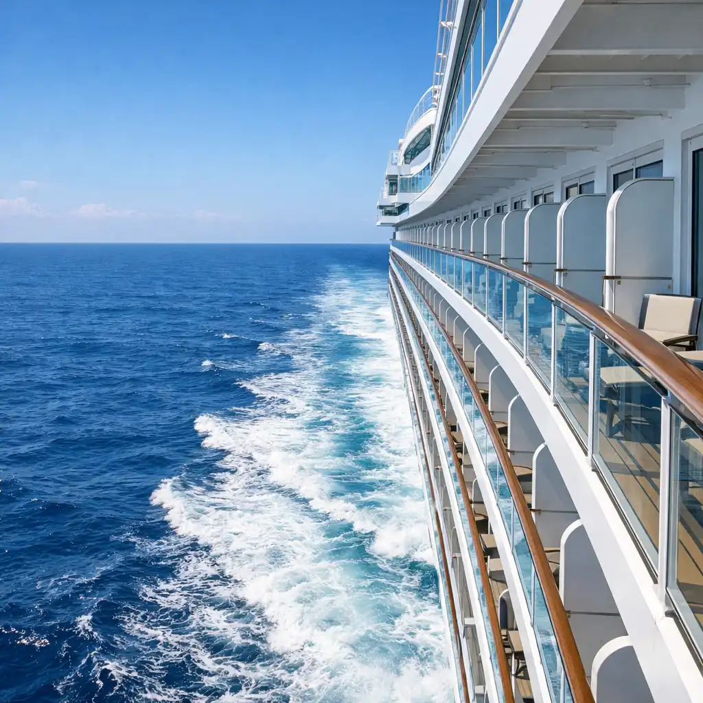 Line of cruise ship balconies above the ship’s wake on a bright blue sea