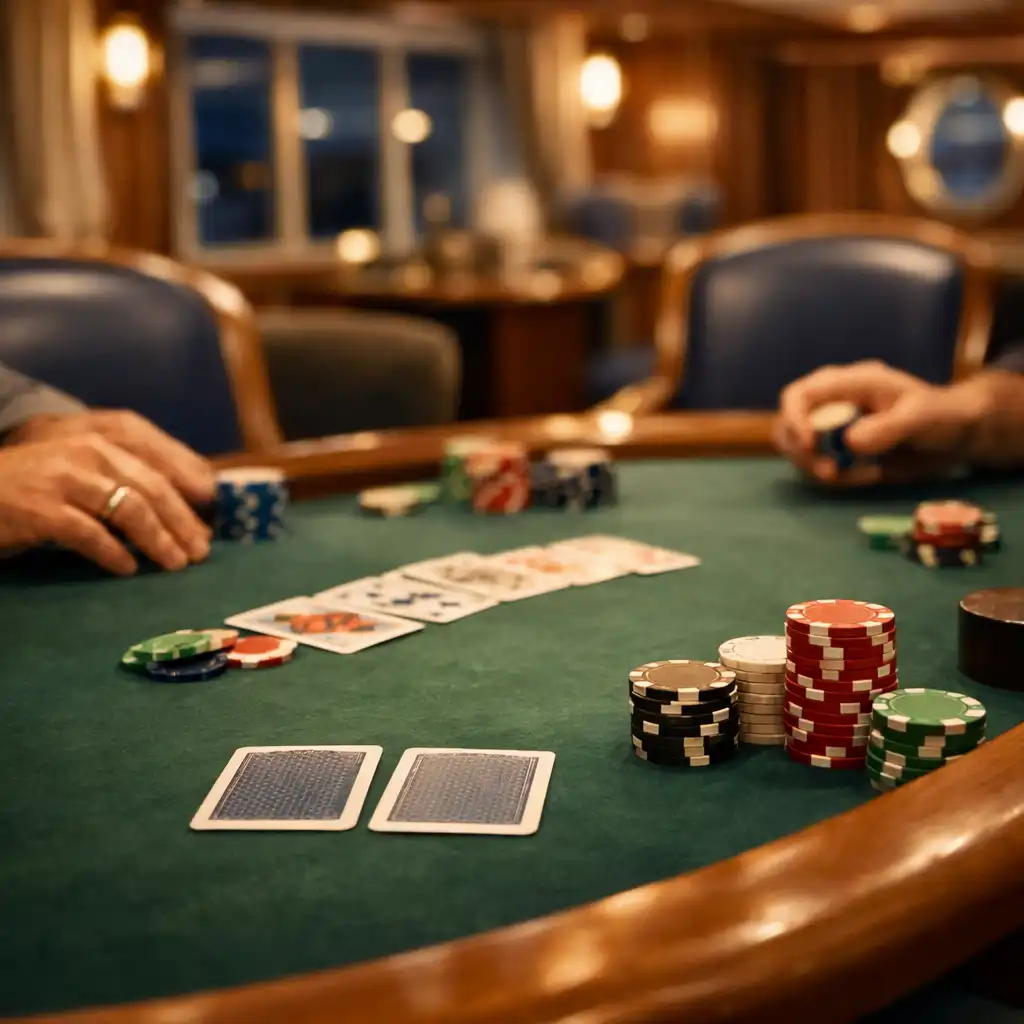 Poker table with cards, chips and players' hands