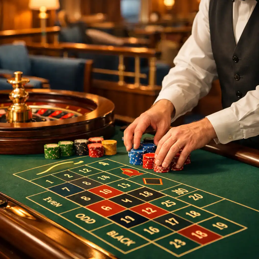 Roulette table with dealer arranging chips