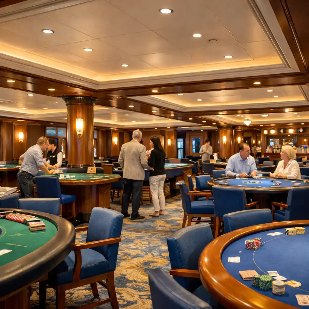 Refined cruise ship casino salon with organised gaming tables