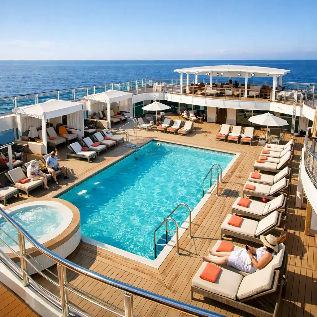 Bright cruise ship pool deck with loungers and ocean horizon