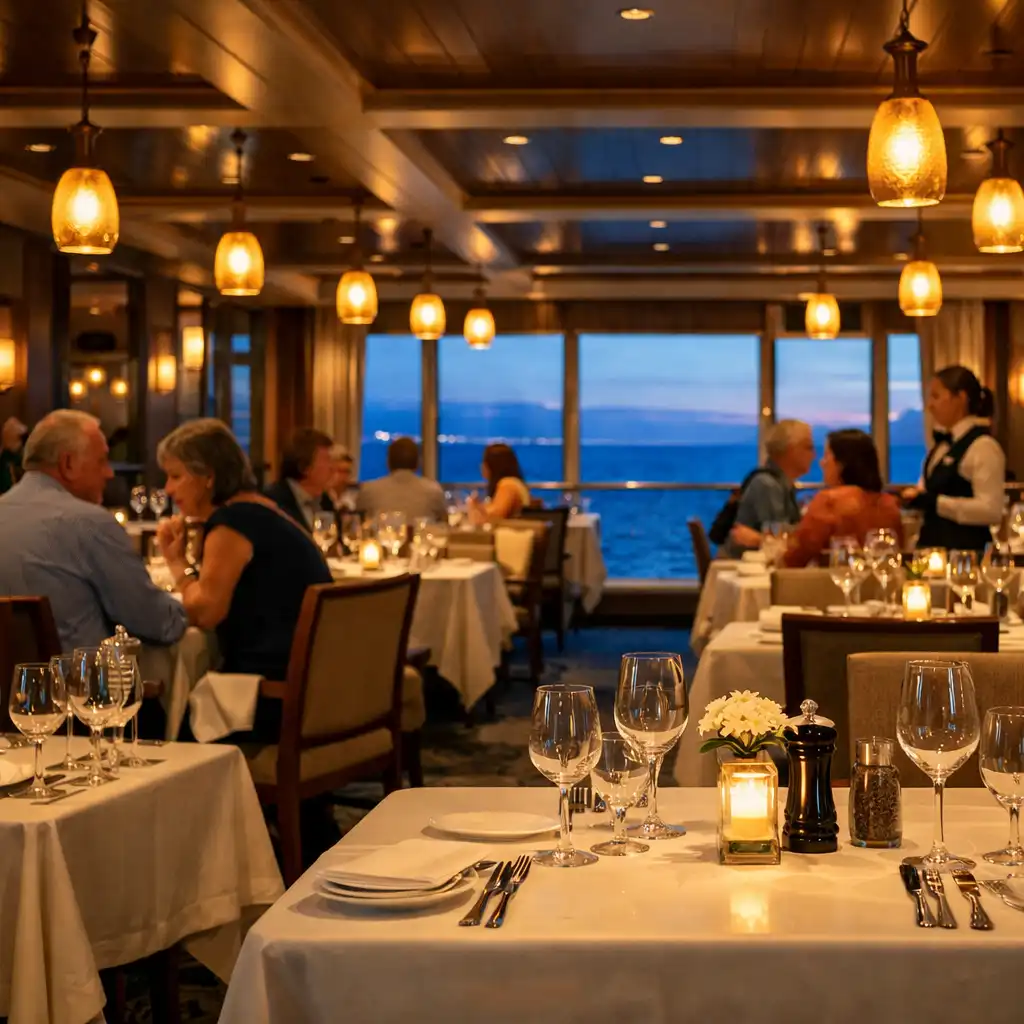 Refined cruise ship restaurant prepared for evening service