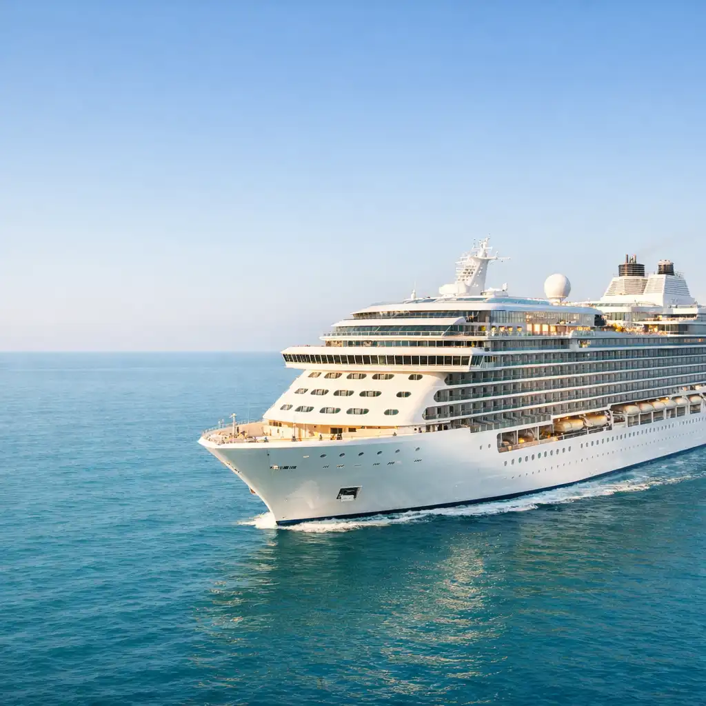A contemporary cruise ship sailing on calm turquoise water beneath a pale blue sky.