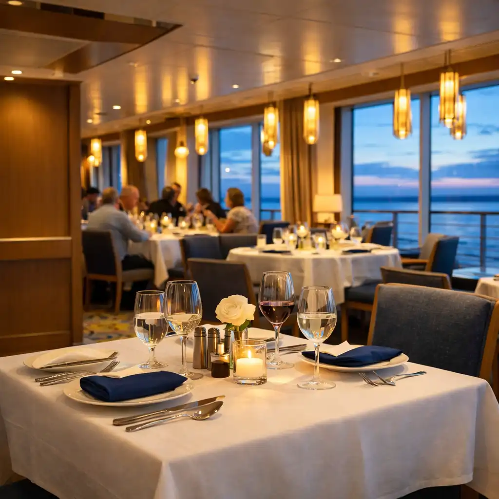 A refined cruise ship dining room with set tables, sea-facing windows and warm evening lighting.
