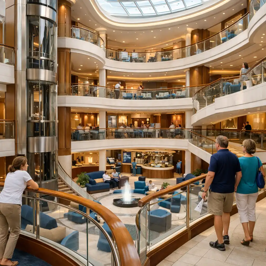 A bright multi-level cruise ship atrium with curved balconies, glass lifts and passengers moving through the space.