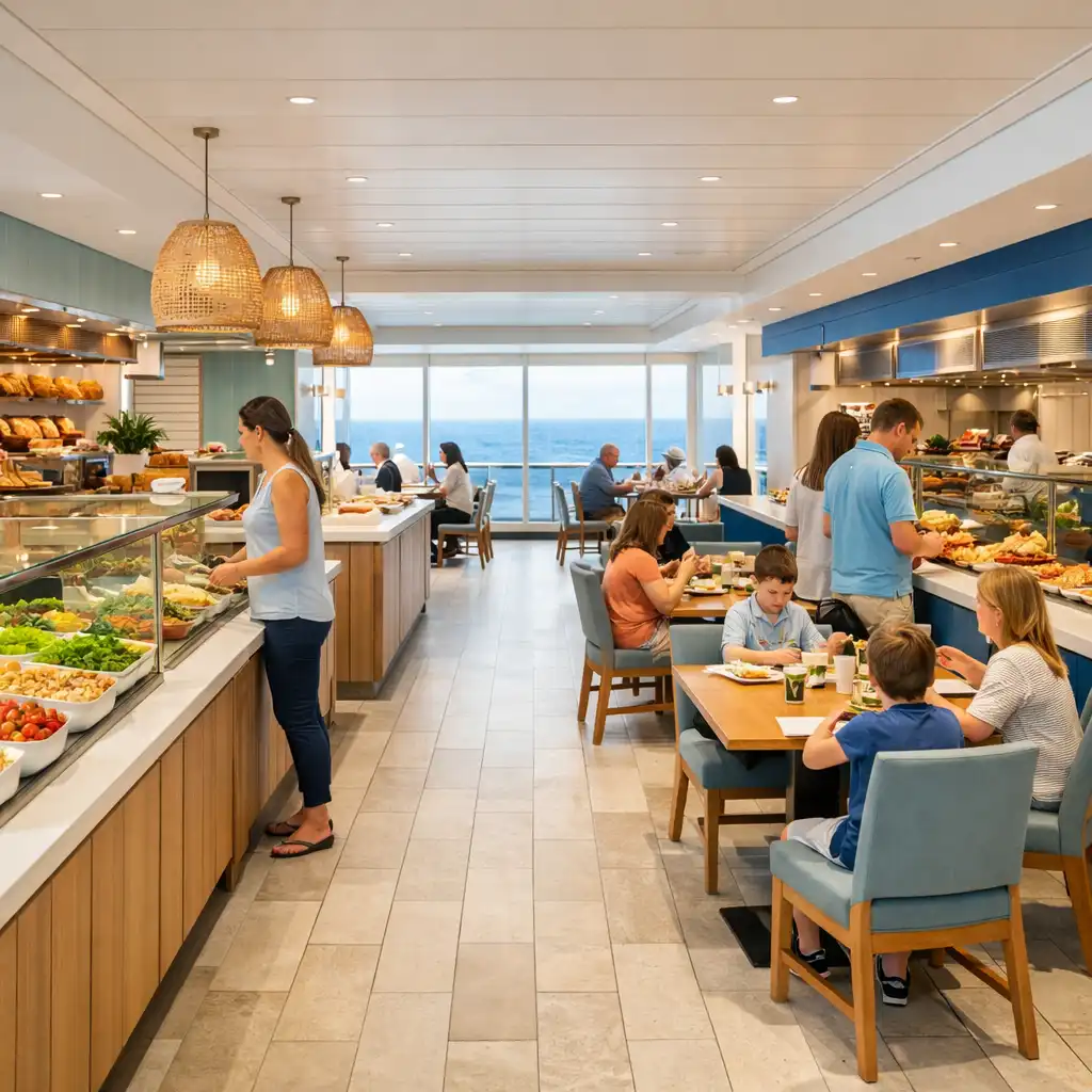 Bright casual marketplace dining space on a cruise ship with open aisles and sea-facing windows.