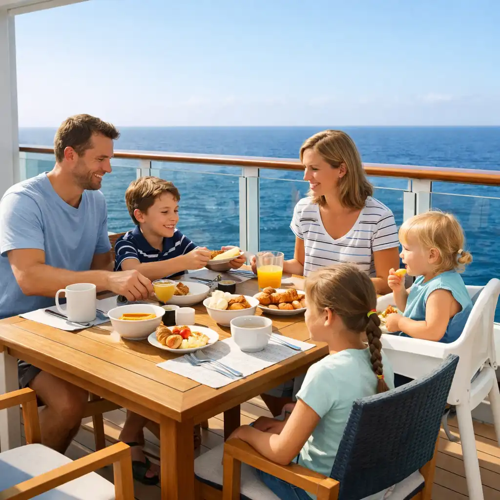 Family sharing a relaxed breakfast on a bright cruise ship terrace beside the ocean.