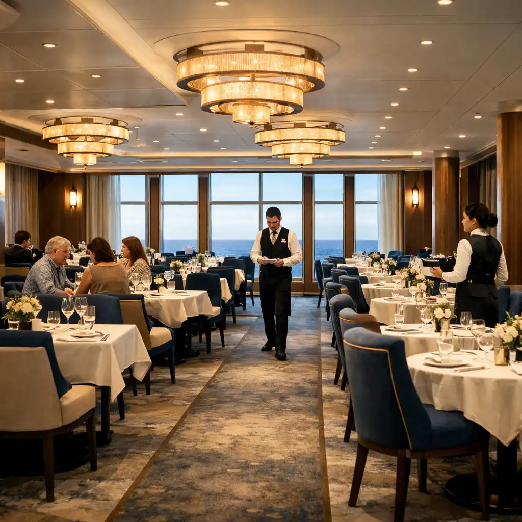 Illustrative contemporary cruise ship dining room with tables, windows and attentive service.
