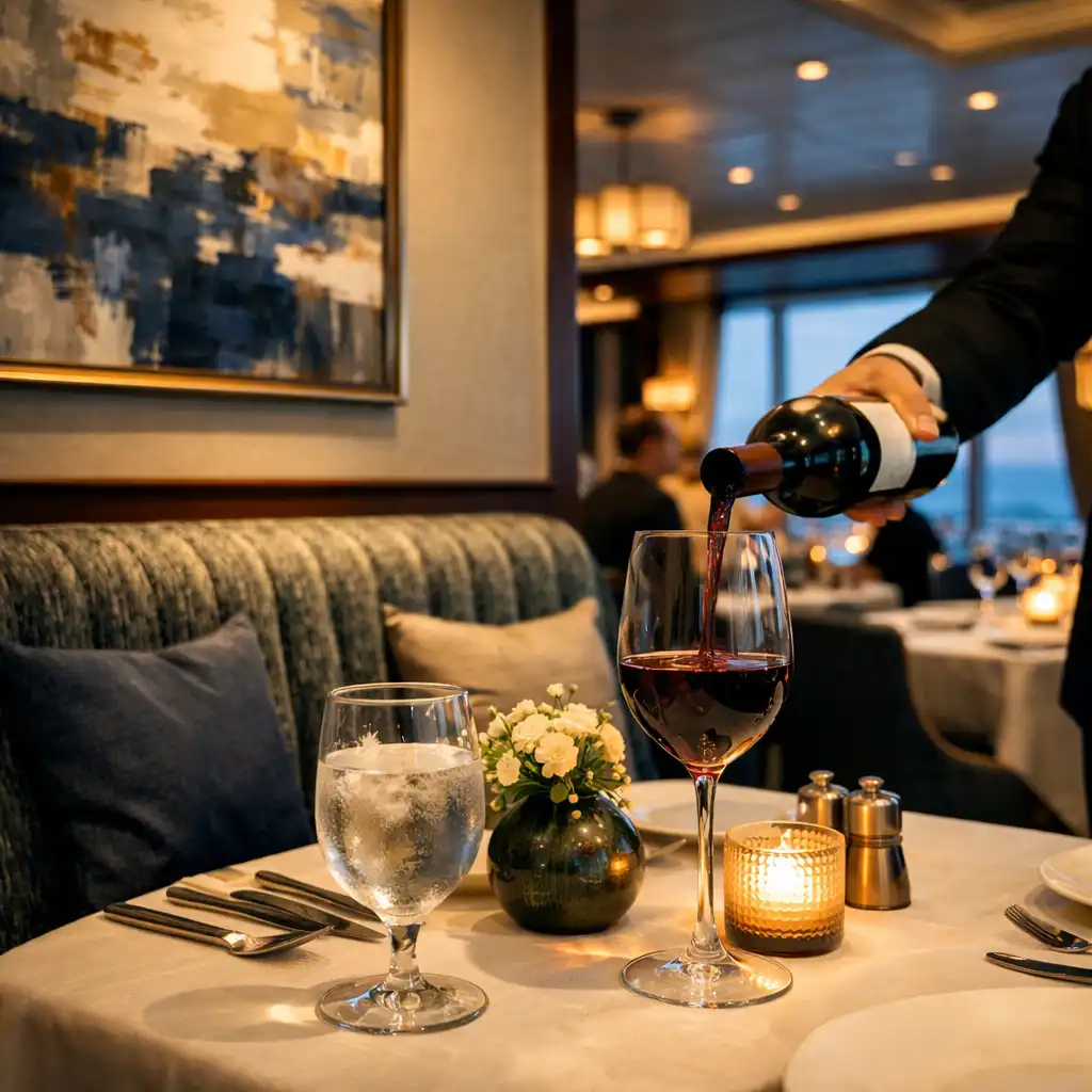 Warmly lit specialty restaurant aboard a cruise ship with intimate tables and layered dining-room depth.