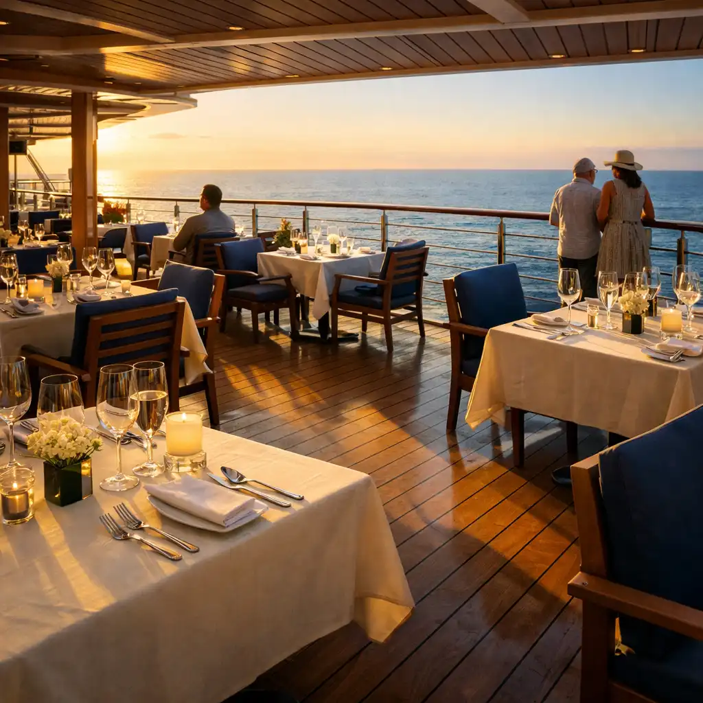 Sunlit tables set for dinner on a cruise ship aft deck beside a calm ocean horizon.