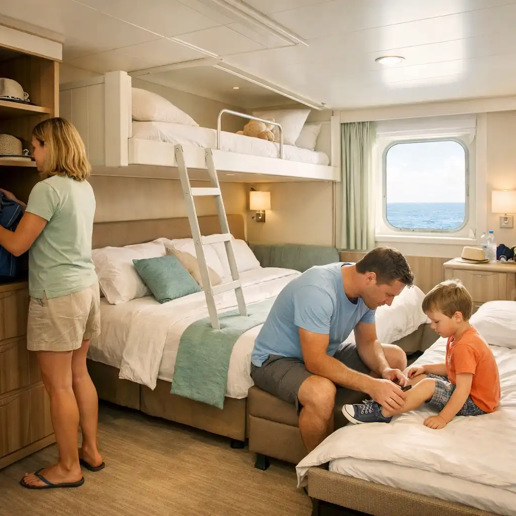 Family preparing for the day in a bright cruise cabin with flexible sleeping space