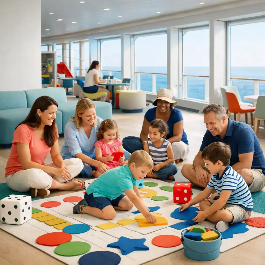 Families sharing a bright daytime activity area aboard a cruise ship