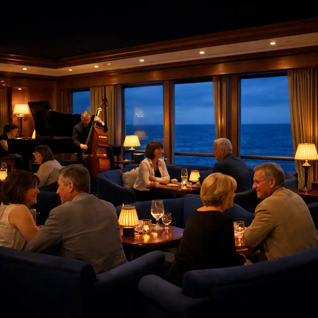 Warmly lit cruise-ship lounge with ocean-facing windows in the evening