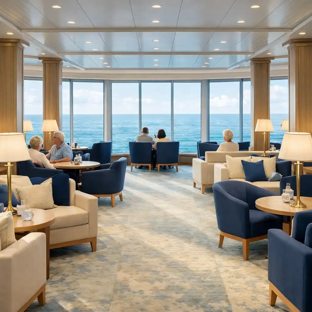 Cruise ship observation lounge with ocean views
