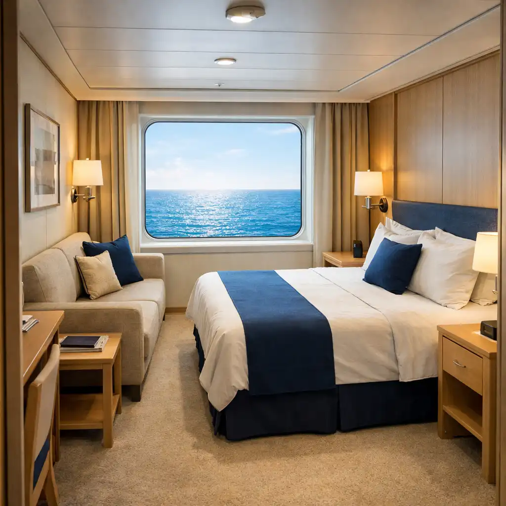 Bright ocean-view cruise cabin showing a bed, sofa, window and clear floor space