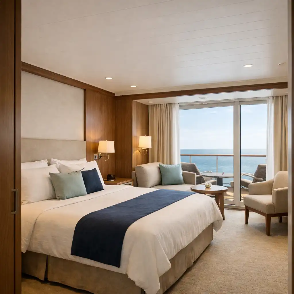 Bright cruise suite with balcony doors open to an ocean view