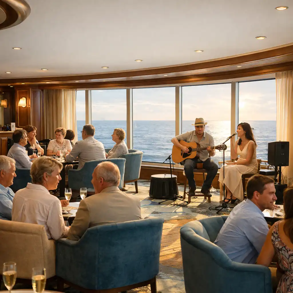 Cruise-ship lounge with live acoustic music near panoramic ocean-facing windows
