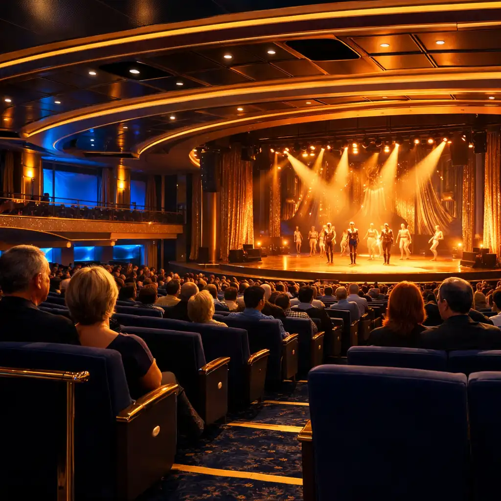 Cruise-ship theatre with tiered seating and a warmly lit stage during an evening performance
