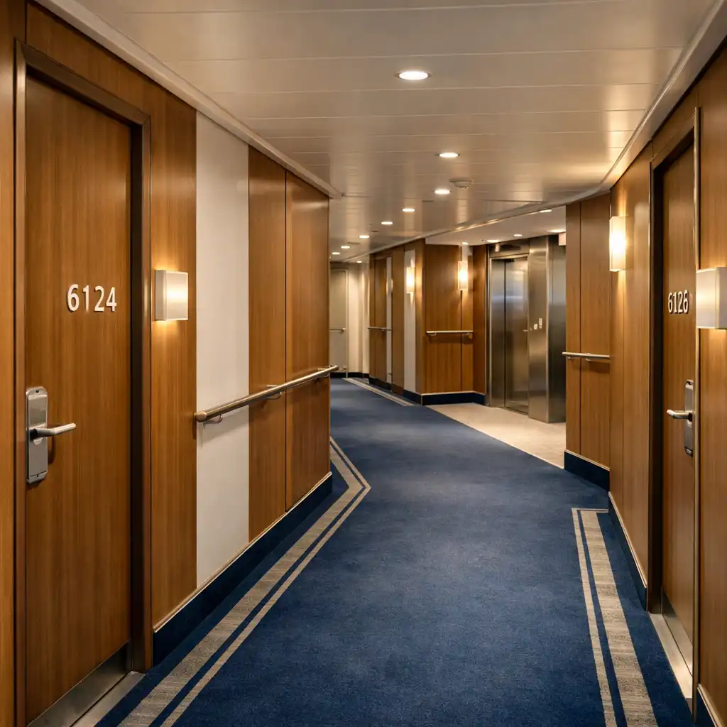 Quiet modern cruise ship accommodation corridor leading toward lifts