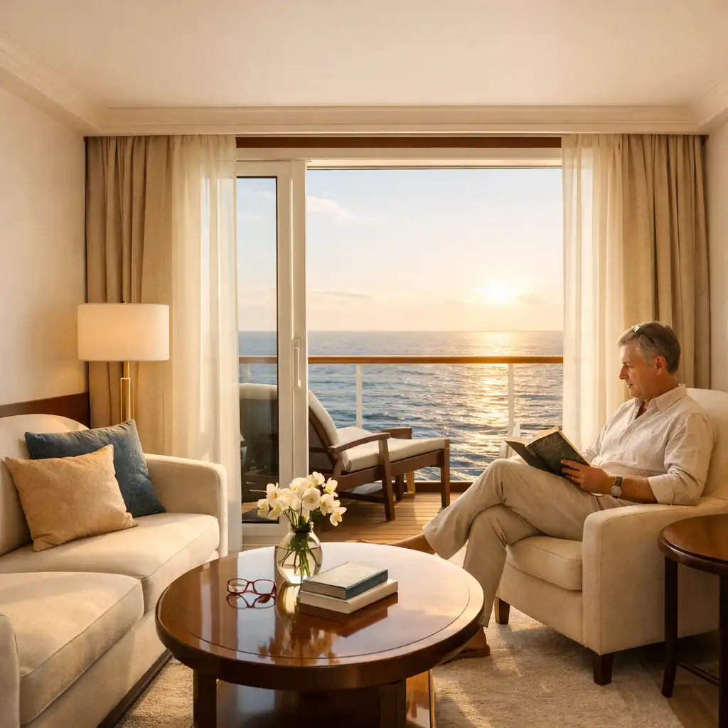 Passenger reading in a sunlit cruise suite lounge beside a private balcony