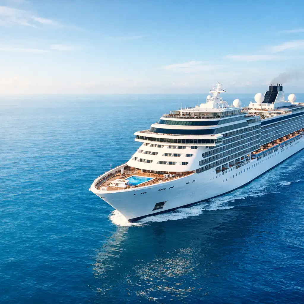 A contemporary cruise ship sailing across calm sunlit water