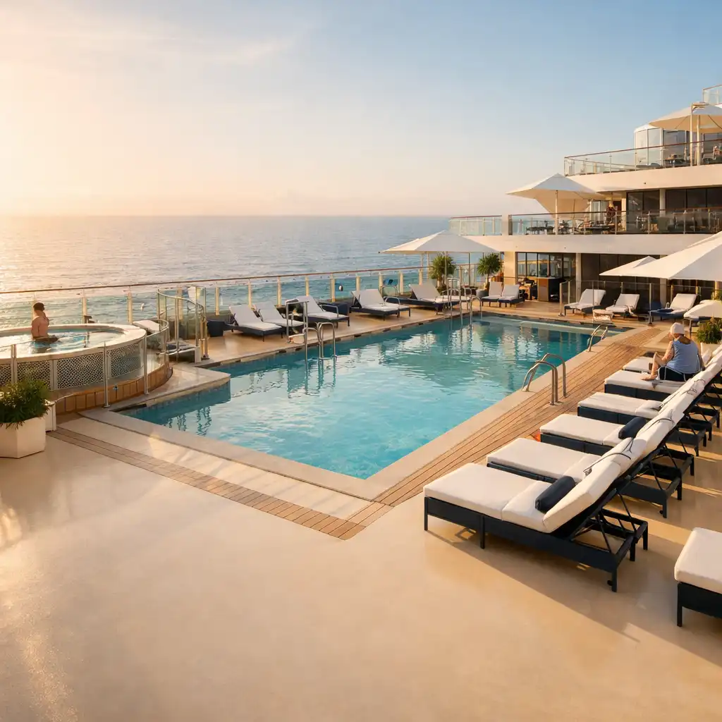 Sunlit cruise-ship pool deck with calm water and an ocean horizon